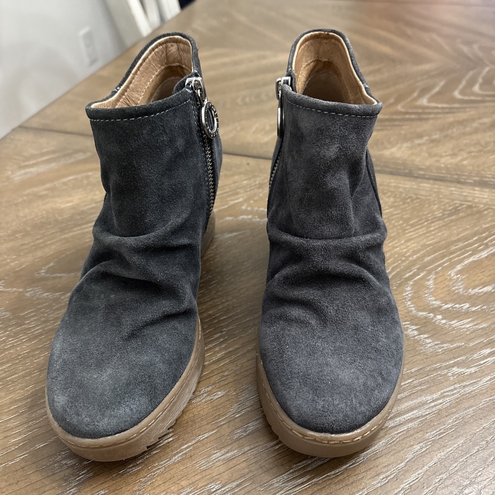 Sofft Aqua Grey Suede Waterproof Wedge Ankle Boots Slouchy Zip Up Womens 6M